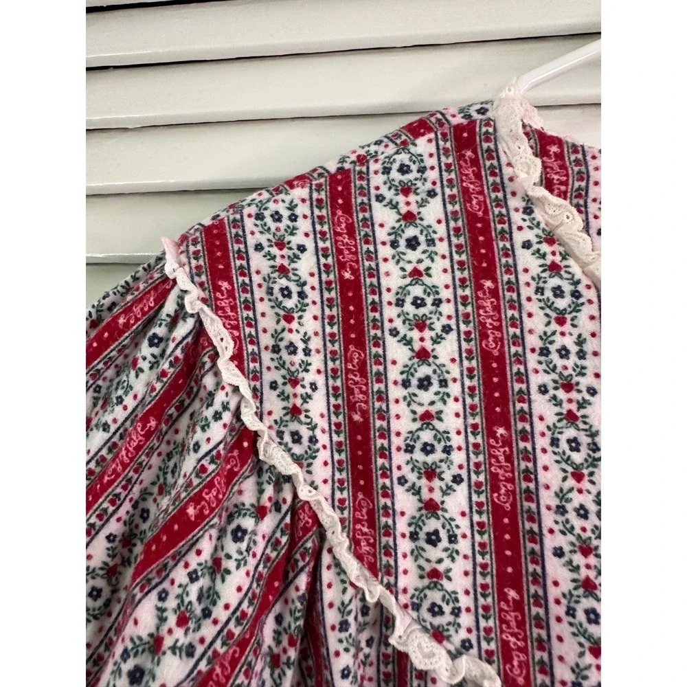 Lanz of Salzburg Size L Red Striped Floral Eyelet Lace Trim Flannel Nightgown